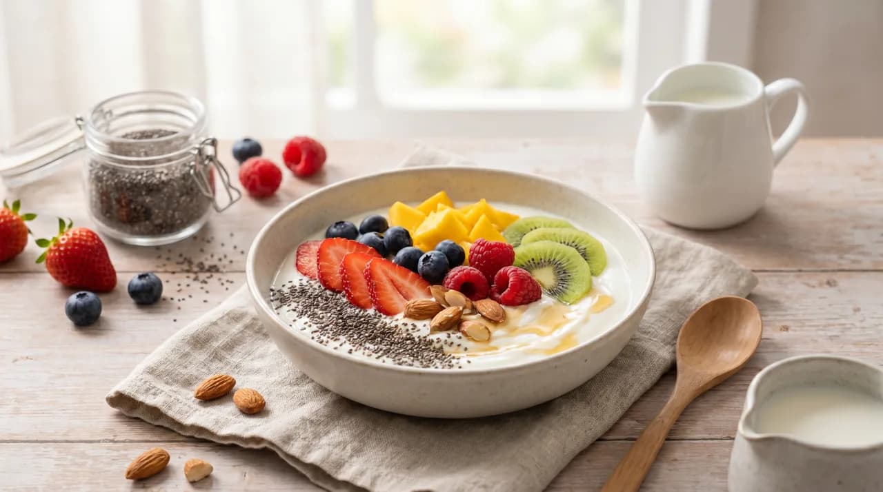 Bowl de yogur con chía y frutas