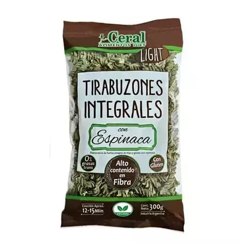 Fideos tirabuzon integrales de espinaca Ceral